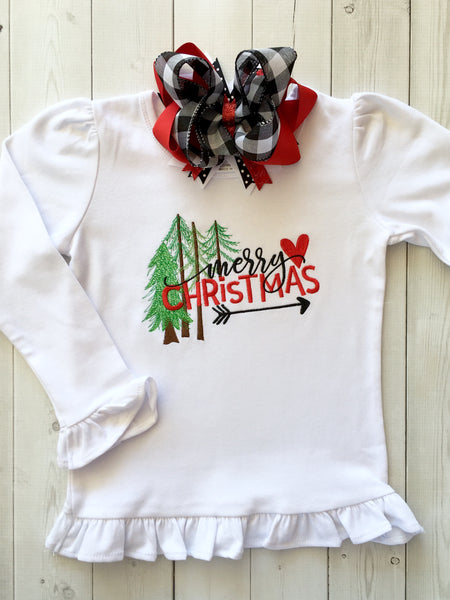 Merry Christmas Pines Embroidered Shirt and White Buffalo Plaid Ruffle Pant Set